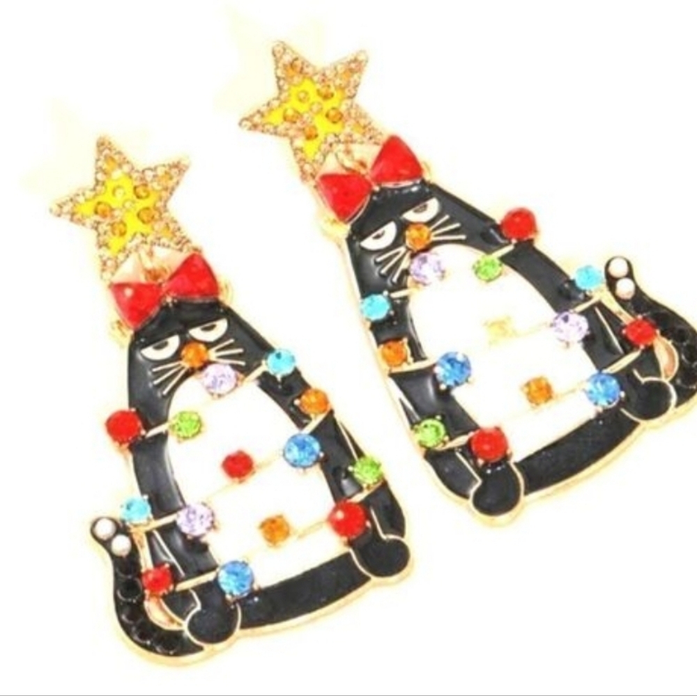 New BaubleBar Festive Black Cat Christmas Tree Lights Star Rhinestone Earrings